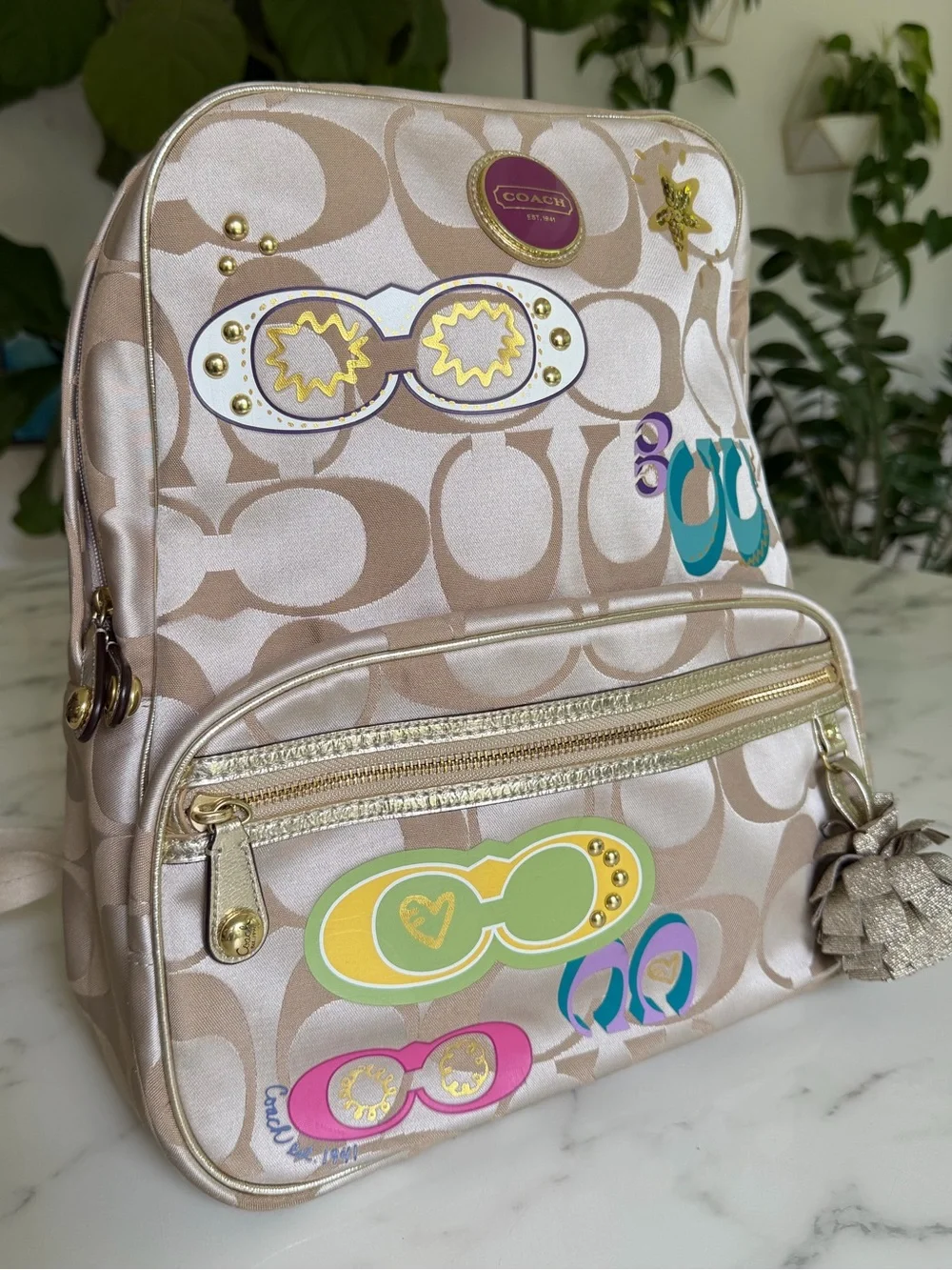 Coach Poppy Signature Graffiti Appliqué Backpack & Wallet Set Khaki Gold Multi